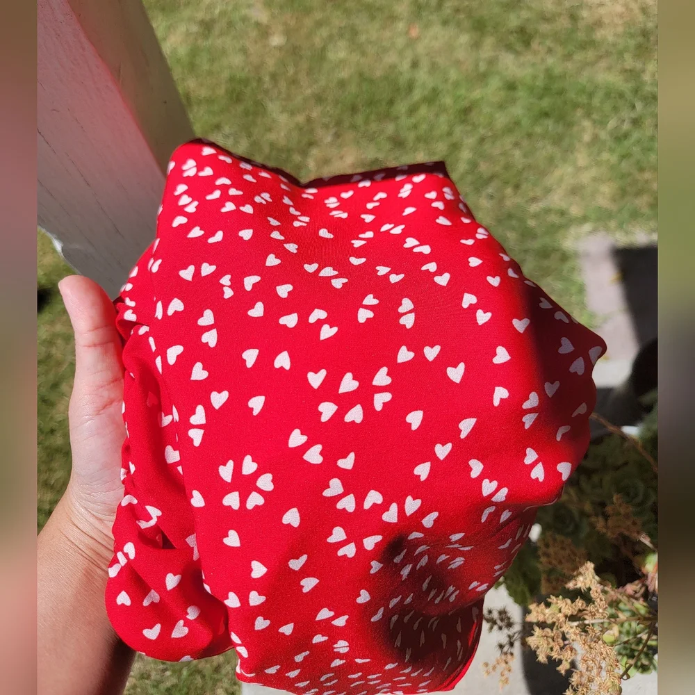 Shein Curve | Plunging Neck Red Dress With Confetti White Hearts - Picture 2 of 9
